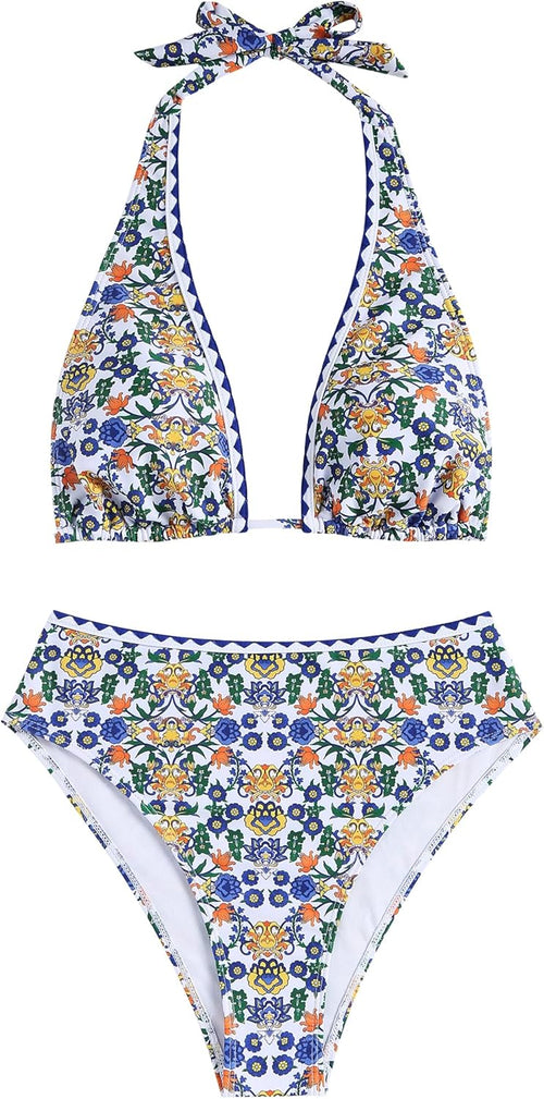 ZAFUL Womens High Waisted Bikini Sets Halter Floral Shell Stitch 2 Piece Swimsuits V Neck Tummy Control Bathing Suits - 7DAY'S