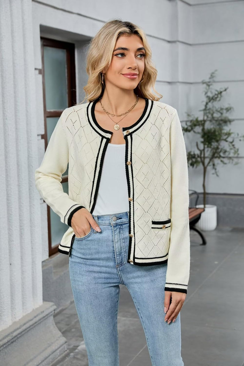 ZAFUL Women's Knit Cardigan Sweaters Fall Open Front Long Sleeve Crochet Knited Button Lightweight Cardigans Outerwear Coats - 7DAY'S