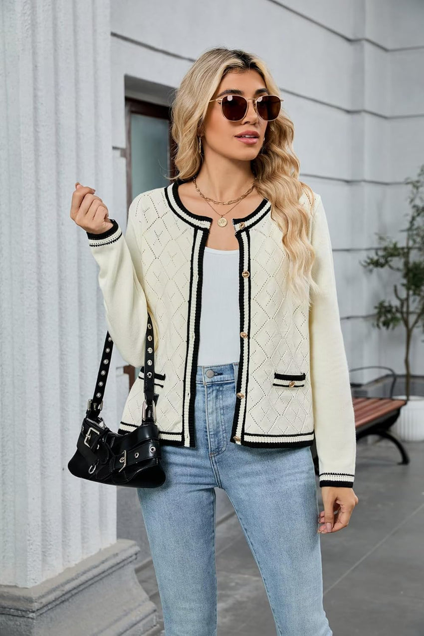 ZAFUL Women's Knit Cardigan Sweaters Fall Open Front Long Sleeve Crochet Knited Button Lightweight Cardigans Outerwear Coats - 7DAY'S