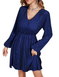 ZAFUL Women's Lantern Long Sleeve Sequin Mini Dress 2025 Fall V Neck Sparkly Fit and Flare Cocktail Party Dresses - 7DAY'S