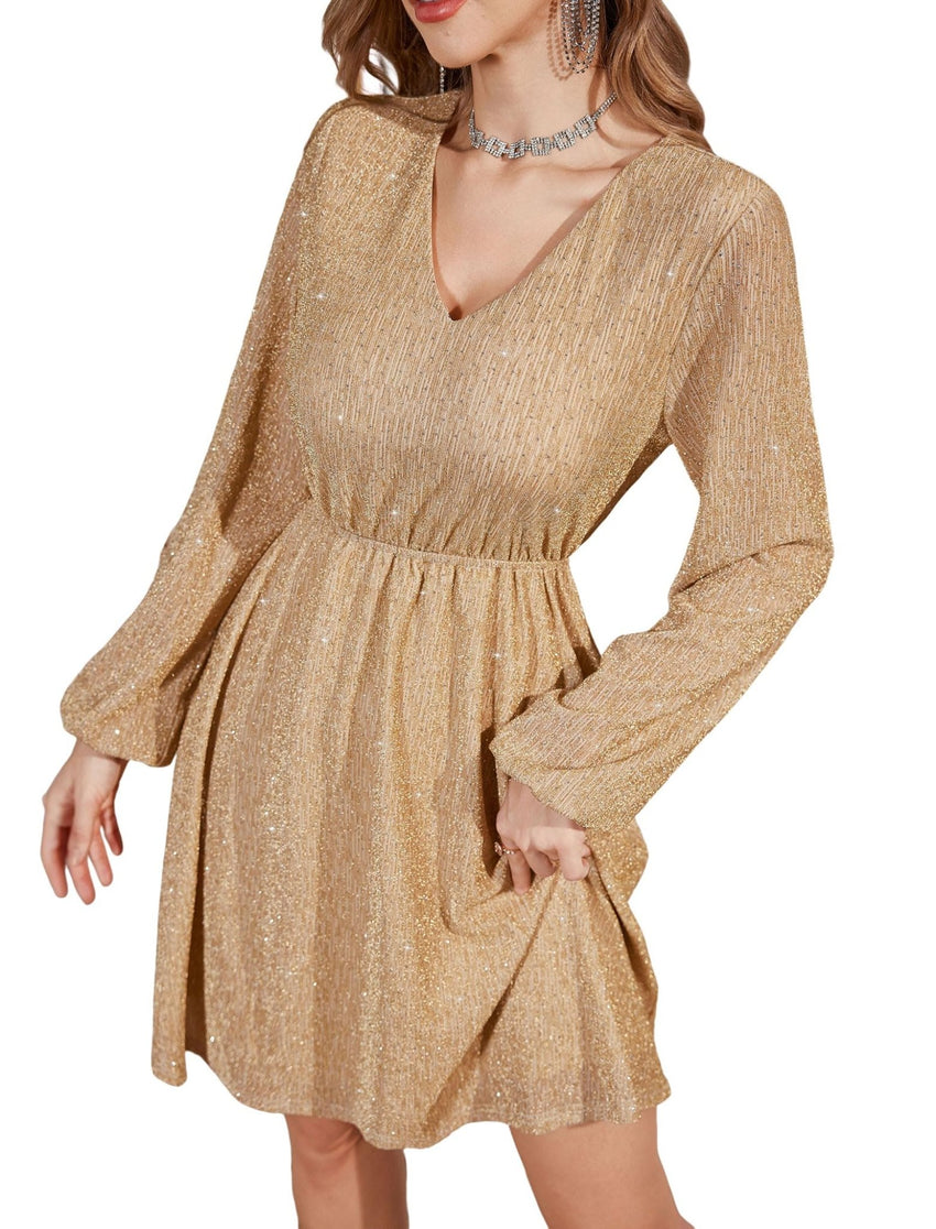 ZAFUL Women's Lantern Long Sleeve Sequin Mini Dress 2025 Fall V Neck Sparkly Fit and Flare Cocktail Party Dresses - 7DAY'S