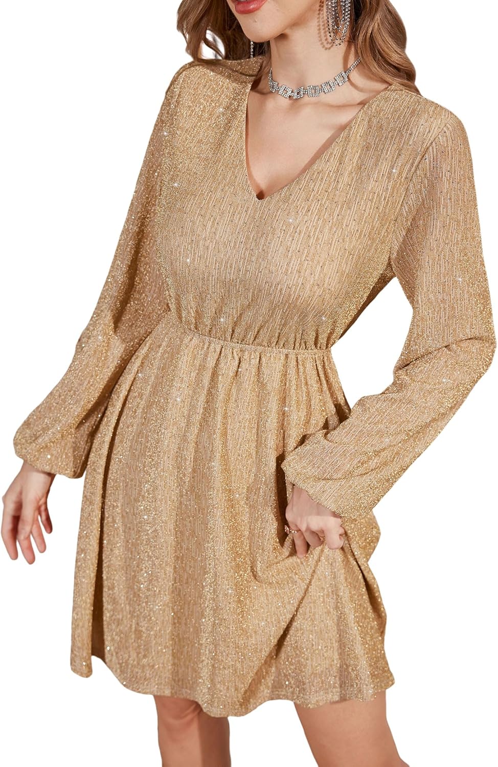 ZAFUL Women's Lantern Long Sleeve Sequin Mini Dress 2025 Fall V Neck Sparkly Fit and Flare Cocktail Party Dresses - 7DAY'S