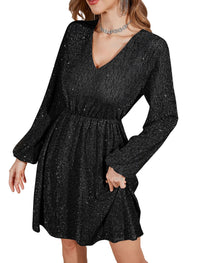 ZAFUL Women's Lantern Long Sleeve Sequin Mini Dress 2025 Fall V Neck Sparkly Fit and Flare Cocktail Party Dresses - 7DAY'S