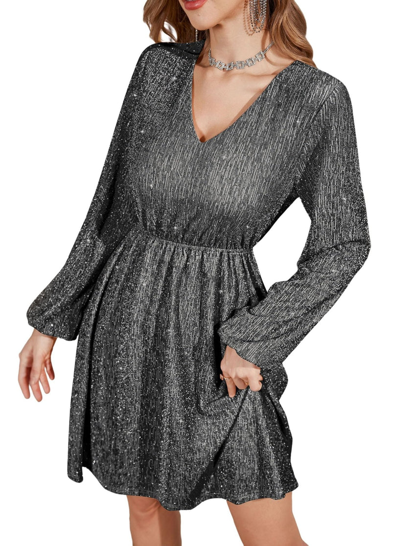 ZAFUL Women's Lantern Long Sleeve Sequin Mini Dress 2025 Fall V Neck Sparkly Fit and Flare Cocktail Party Dresses - 7DAY'S