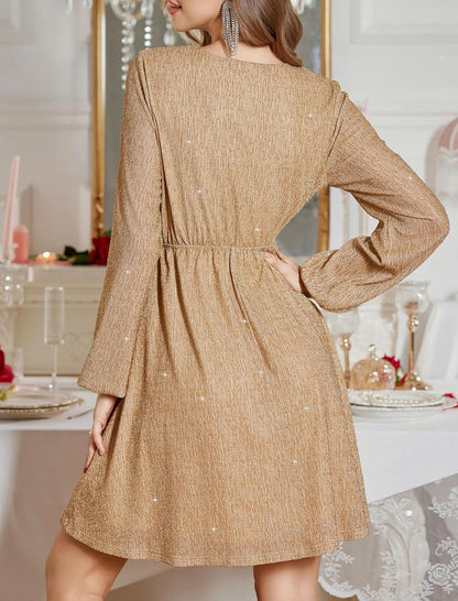 ZAFUL Women's Lantern Long Sleeve Sequin Mini Dress 2025 Fall V Neck Sparkly Fit and Flare Cocktail Party Dresses - 7DAY'S