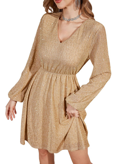 ZAFUL Women's Lantern Long Sleeve Sequin Mini Dress 2025 Fall V Neck Sparkly Fit and Flare Cocktail Party Dresses - 7DAY'S