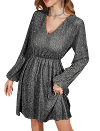 ZAFUL Women's Lantern Long Sleeve Sequin Mini Dress 2025 Fall V Neck Sparkly Fit and Flare Cocktail Party Dresses - 7DAY'S