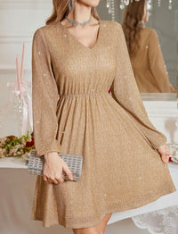ZAFUL Women's Lantern Long Sleeve Sequin Mini Dress 2025 Fall V Neck Sparkly Fit and Flare Cocktail Party Dresses - 7DAY'S