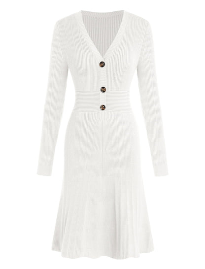 ZAFUL Women's Long Sleeve Midi Work Dresses Fall V Neck Ribbed Knit Pleated A - Line Fitted Elegant Sweater Dress 2025 - 7DAY'S