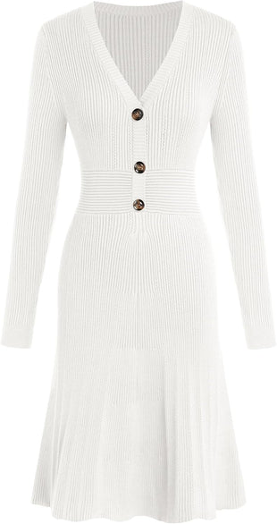 ZAFUL Women's Long Sleeve Midi Work Dresses Fall V Neck Ribbed Knit Pleated A-Line Fitted Elegant Sweater Dress 2025