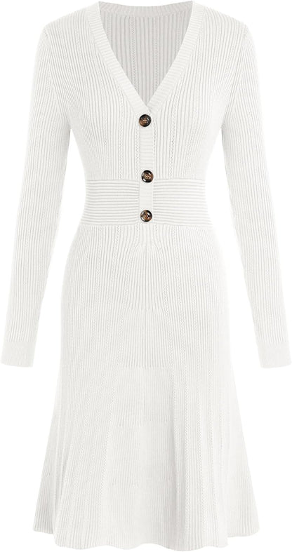 ZAFUL Women's Long Sleeve Midi Work Dresses Fall V Neck Ribbed Knit Pleated A - Line Fitted Elegant Sweater Dress 2025 - 7DAY'S