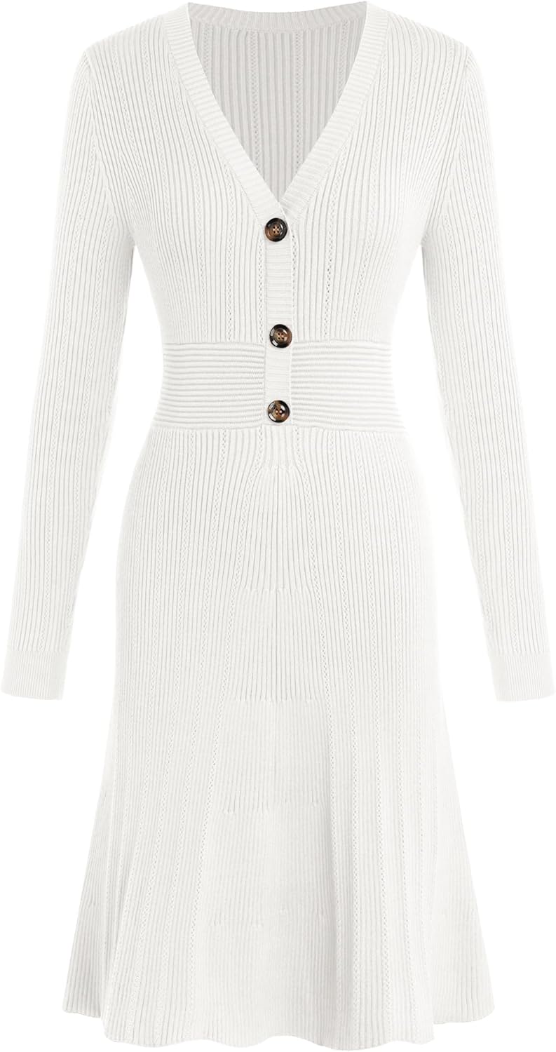 ZAFUL Women's Long Sleeve Midi Work Dresses Fall V Neck Ribbed Knit Pleated A - Line Fitted Elegant Sweater Dress 2025 - 7DAY'S