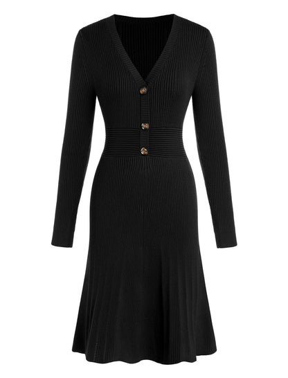 ZAFUL Women's Long Sleeve Midi Work Dresses Fall V Neck Ribbed Knit Pleated A - Line Fitted Elegant Sweater Dress 2025 - 7DAY'S