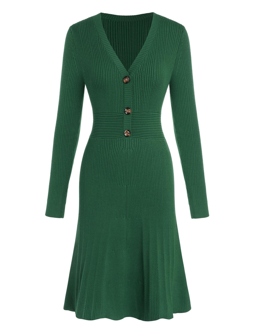 ZAFUL Women's Long Sleeve Midi Work Dresses Fall V Neck Ribbed Knit Pleated A - Line Fitted Elegant Sweater Dress 2025 - 7DAY'S