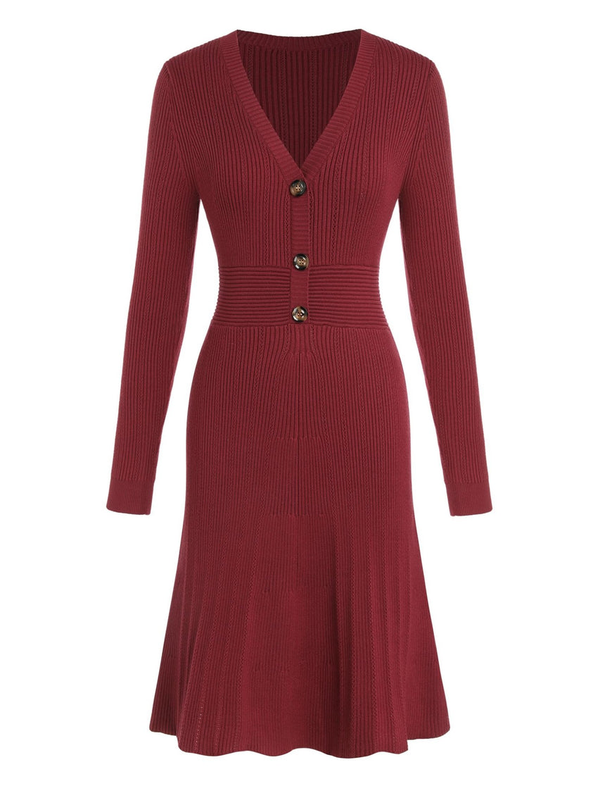 ZAFUL Women's Long Sleeve Midi Work Dresses Fall V Neck Ribbed Knit Pleated A - Line Fitted Elegant Sweater Dress 2025 - 7DAY'S