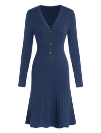 ZAFUL Women's Long Sleeve Midi Work Dresses Fall V Neck Ribbed Knit Pleated A - Line Fitted Elegant Sweater Dress 2025 - 7DAY'S