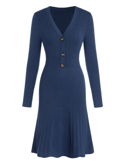 ZAFUL Women's Long Sleeve Midi Work Dresses Fall V Neck Ribbed Knit Pleated A - Line Fitted Elegant Sweater Dress 2025 - 7DAY'S