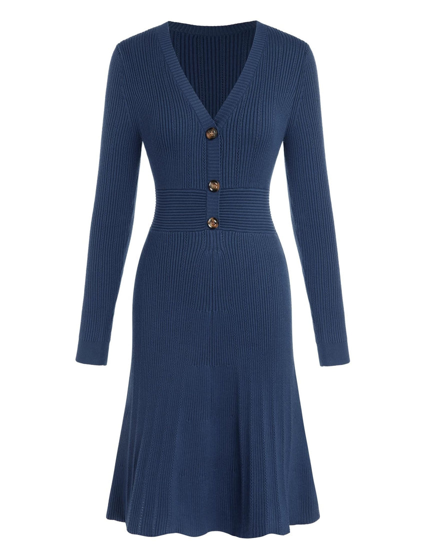 ZAFUL Women's Long Sleeve Midi Work Dresses Fall V Neck Ribbed Knit Pleated A - Line Fitted Elegant Sweater Dress 2025 - 7DAY'S
