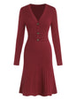 ZAFUL Women's Long Sleeve Midi Work Dresses Fall V Neck Ribbed Knit Pleated A - Line Fitted Elegant Sweater Dress 2025 - 7DAY'S