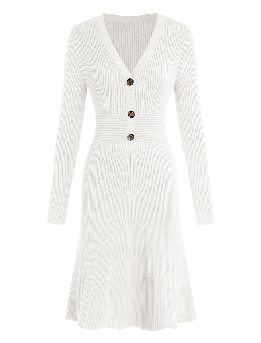 ZAFUL Women's Long Sleeve Midi Work Dresses Fall V Neck Ribbed Knit Pleated A - Line Fitted Elegant Sweater Dress 2025 - 7DAY'S