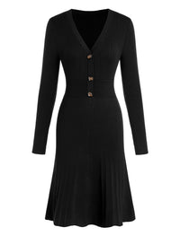 ZAFUL Women's Long Sleeve Midi Work Dresses Fall V Neck Ribbed Knit Pleated A - Line Fitted Elegant Sweater Dress 2025 - 7DAY'S
