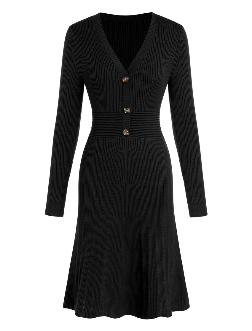 ZAFUL Women's Long Sleeve Midi Work Dresses Fall V Neck Ribbed Knit Pleated A - Line Fitted Elegant Sweater Dress 2025 - 7DAY'S