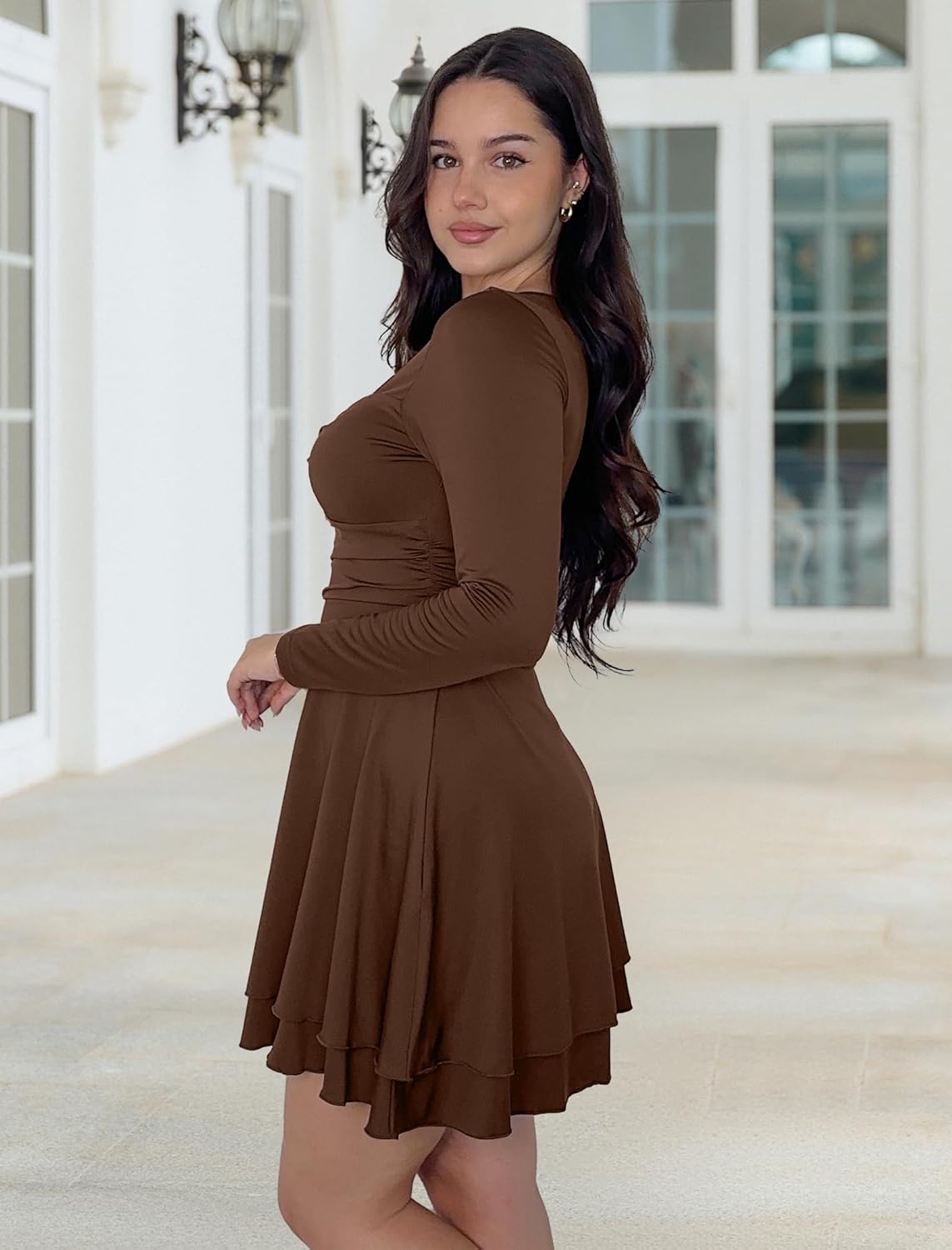 ZAFUL Womens Long Sleeve Square Neck Ruffle Mini Dress Bodycon Ruched Waist Corset Short Cocktail Party Dresses - 7DAY'S