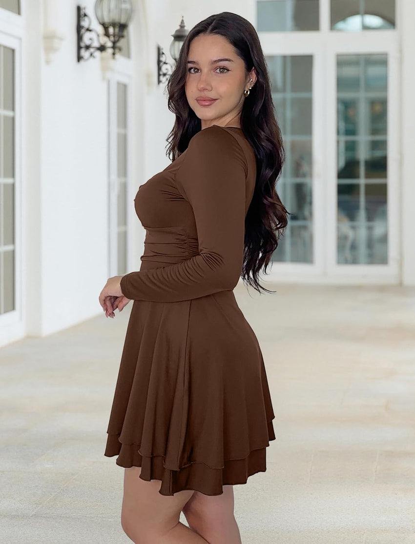 ZAFUL Womens Long Sleeve Square Neck Ruffle Mini Dress Bodycon Ruched Waist Corset Short Cocktail Party Dresses - 7DAY'S