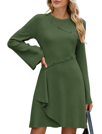 ZAFUL Womens Long Sleeve Sweater Dresses Fall Casual Crew Neck A Line Ribbed Knit Button Mini Pullover Dress Trendy 2025 - 7DAY'S