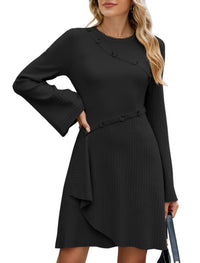 ZAFUL Womens Long Sleeve Sweater Dresses Fall Casual Crew Neck A Line Ribbed Knit Button Mini Pullover Dress Trendy 2025 - 7DAY'S
