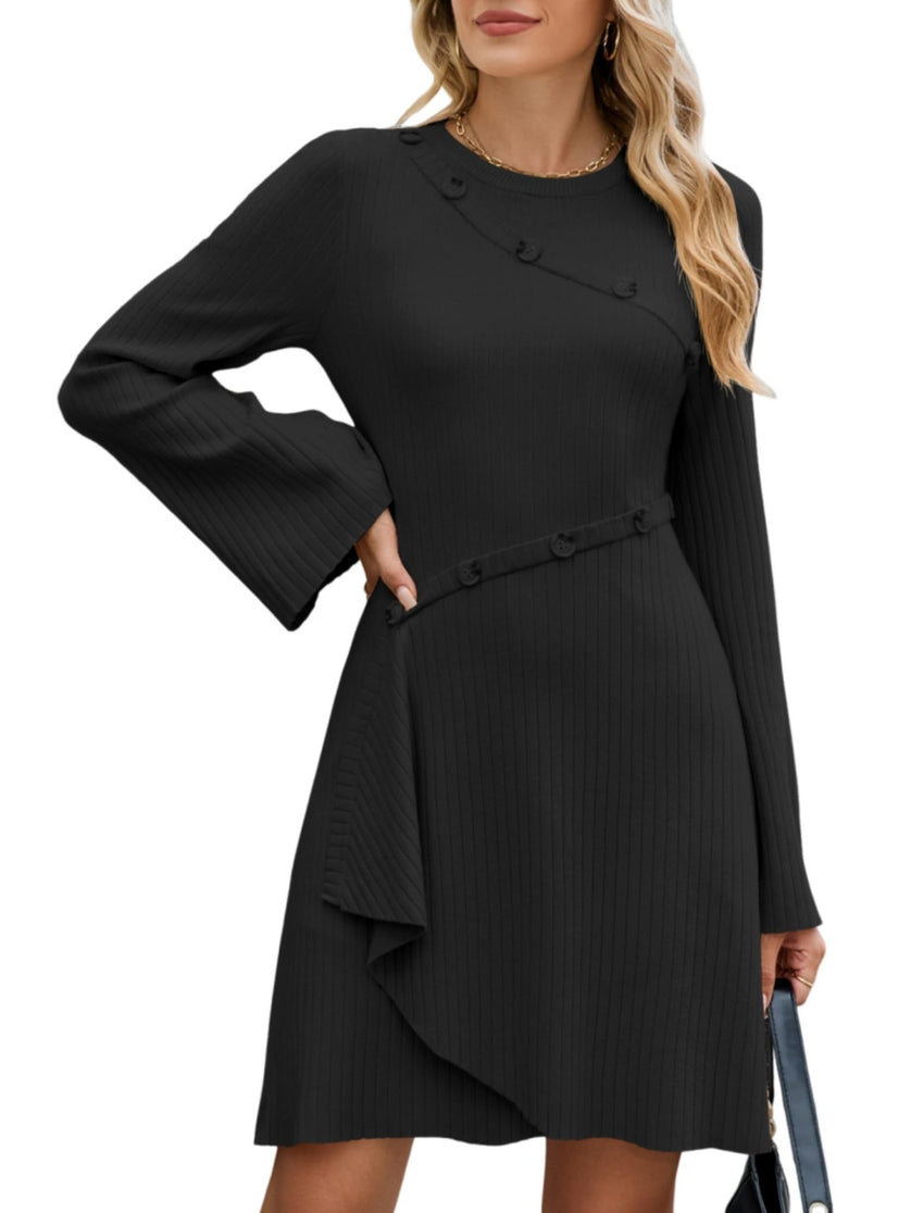 ZAFUL Womens Long Sleeve Sweater Dresses Fall Casual Crew Neck A Line Ribbed Knit Button Mini Pullover Dress Trendy 2025 - 7DAY'S