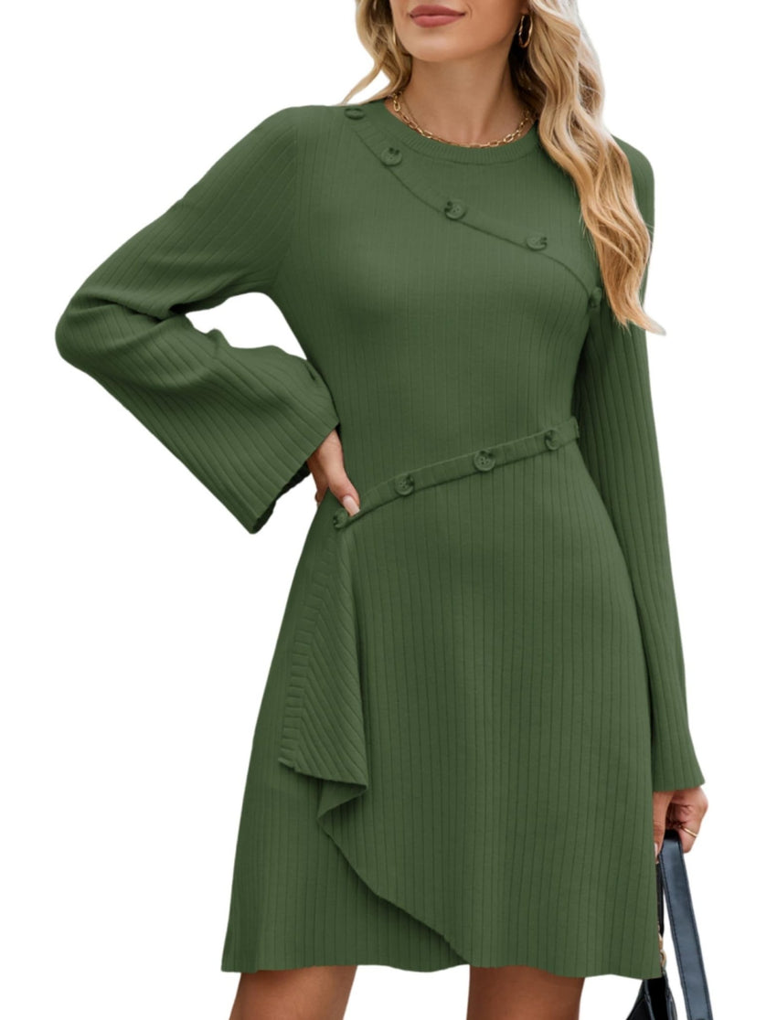 ZAFUL Womens Long Sleeve Sweater Dresses Fall Casual Crew Neck A Line Ribbed Knit Button Mini Pullover Dress Trendy 2025 - 7DAY'S