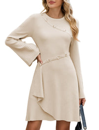 ZAFUL Womens Long Sleeve Sweater Dresses Fall Casual Crew Neck A Line Ribbed Knit Button Mini Pullover Dress Trendy 2025 - 7DAY'S