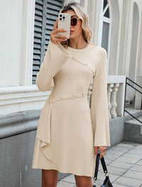ZAFUL Womens Long Sleeve Sweater Dresses Fall Casual Crew Neck A Line Ribbed Knit Button Mini Pullover Dress Trendy 2025 - 7DAY'S