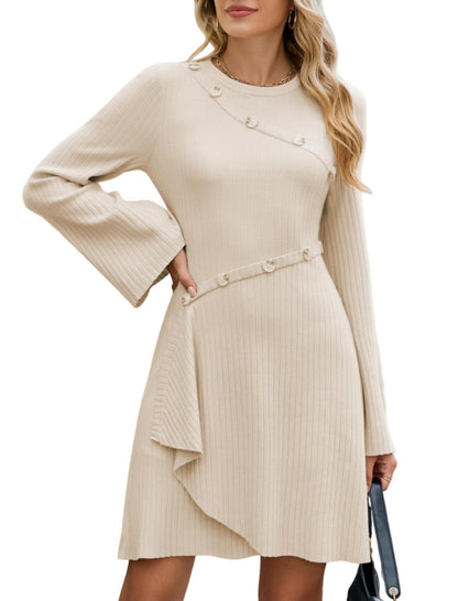 ZAFUL Womens Long Sleeve Sweater Dresses Fall Casual Crew Neck A Line Ribbed Knit Button Mini Pullover Dress Trendy 2025 - 7DAY'S