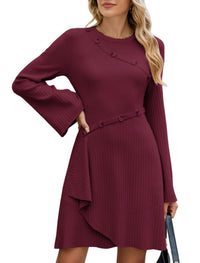 ZAFUL Womens Long Sleeve Sweater Dresses Fall Casual Crew Neck A Line Ribbed Knit Button Mini Pullover Dress Trendy 2025 - 7DAY'S
