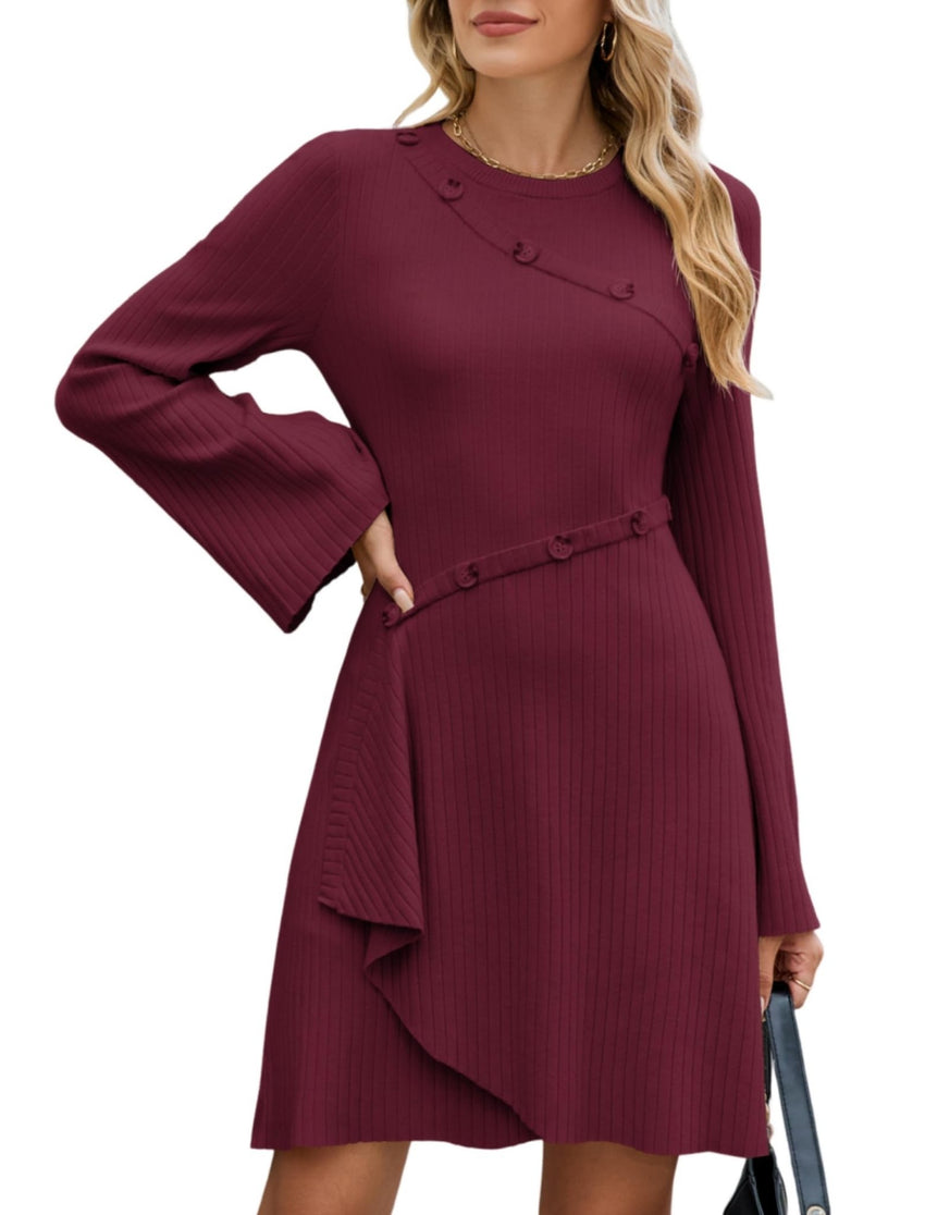 ZAFUL Womens Long Sleeve Sweater Dresses Fall Casual Crew Neck A Line Ribbed Knit Button Mini Pullover Dress Trendy 2025 - 7DAY'S