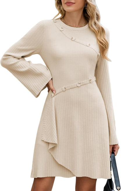 ZAFUL Womens Long Sleeve Sweater Dresses Fall Casual Crew Neck A Line Ribbed Knit Button Mini Pullover Dress Trendy 2025 - 7DAY'S