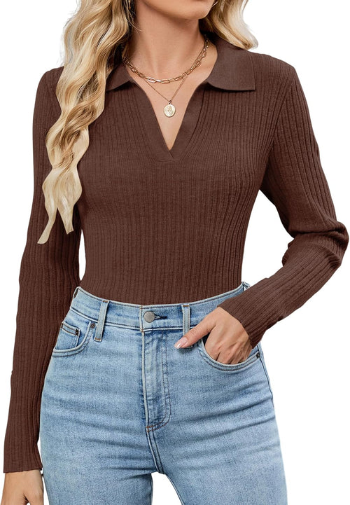 ZAFUL Womens Long Sleeve V Neck Sweaters Collared Ribbed Knit Tops Pullover Polo Sweater Shirts 2025 Fall Trendy Outfits