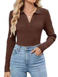 ZAFUL Womens Long Sleeve V Neck Sweaters Collared Ribbed Knit Tops Pullover Polo Sweater Shirts 2025 Fall Trendy Outfits - 7DAY'S
