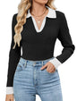 ZAFUL Womens Long Sleeve V Neck Sweaters Collared Ribbed Knit Tops Pullover Polo Sweater Shirts 2025 Fall Trendy Outfits - 7DAY'S