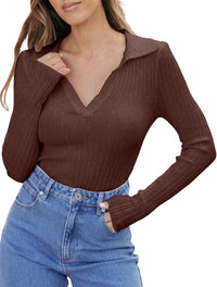 ZAFUL Womens Long Sleeve V Neck Sweaters Collared Ribbed Knit Tops Pullover Polo Sweater Shirts 2025 Fall Trendy Outfits - 7DAY'S