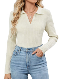 ZAFUL Womens Long Sleeve V Neck Sweaters Collared Ribbed Knit Tops Pullover Polo Sweater Shirts 2025 Fall Trendy Outfits - 7DAY'S
