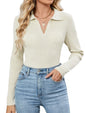 ZAFUL Womens Long Sleeve V Neck Sweaters Collared Ribbed Knit Tops Pullover Polo Sweater Shirts 2025 Fall Trendy Outfits - 7DAY'S