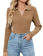 ZAFUL Womens Long Sleeve V Neck Sweaters Collared Ribbed Knit Tops Pullover Polo Sweater Shirts 2025 Fall Trendy Outfits - 7DAY'S