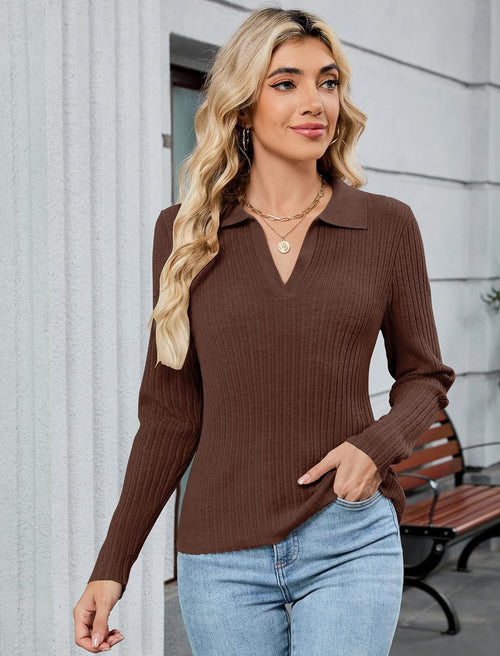 ZAFUL Womens Long Sleeve V Neck Sweaters Collared Ribbed Knit Tops Pullover Polo Sweater Shirts 2025 Fall Trendy Outfits - 7DAY'S