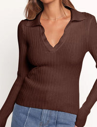 ZAFUL Womens Long Sleeve V Neck Sweaters Collared Ribbed Knit Tops Pullover Polo Sweater Shirts 2025 Fall Trendy Outfits - 7DAY'S