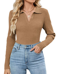 ZAFUL Womens Long Sleeve V Neck Sweaters Collared Ribbed Knit Tops Pullover Polo Sweater Shirts 2025 Fall Trendy Outfits - 7DAY'S