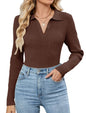 ZAFUL Womens Long Sleeve V Neck Sweaters Collared Ribbed Knit Tops Pullover Polo Sweater Shirts 2025 Fall Trendy Outfits - 7DAY'S