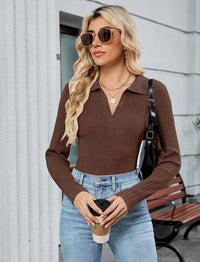 ZAFUL Womens Long Sleeve V Neck Sweaters Collared Ribbed Knit Tops Pullover Polo Sweater Shirts 2025 Fall Trendy Outfits - 7DAY'S